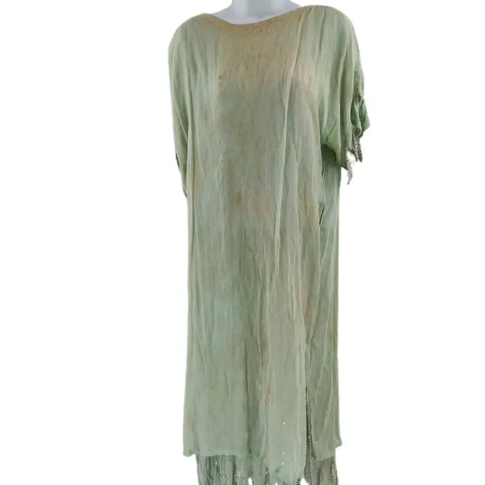 Vintage Mint Green & Silver Sequin Dress with Beaded Pearl Fringes | Large - Picture 4 of 9
